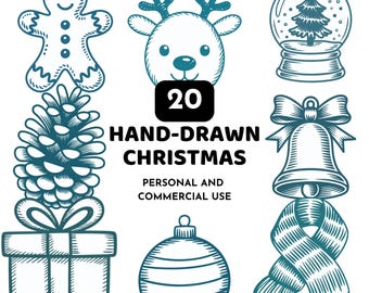 Hand Drawn Christmas Clipart, Winter Line Art Doodles (PNG)