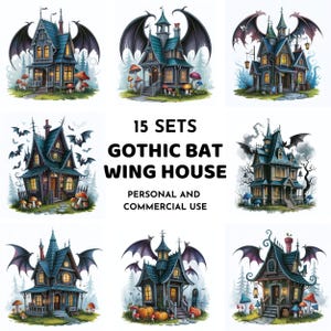 Whimsical Haunted House Clipart, Halloween Bat Wing House JPG, Spooky Cottage, Gothic Witchy Mansion Art for Crafts, Haunted Mansion Clipart