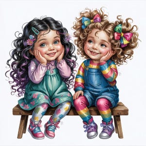 15 JPG Besties Clipart, Friendship Art Print, Adorable Little Girls, Whimsical Friends Clipart, Best Friends Wall Art, Twin Girls Clipart
