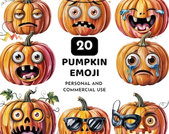 Pumpkin Emoji Clipart, Funny Halloween Pumpkin Faces, Digital PNG for Stickers, Sublimation & Crafts, Jack-o’-lantern PNG, Commercial Use