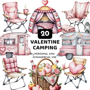 Puede incluir: Ilustración en acuarela con elementos de temática camping en rosa y rojo, incluyendo sillas, una tienda de campaña, una caravana y una cesta de picnic. La imagen incluye el texto "20 VALENTINE CAMPING" y "PERSONAL AND COMMERCIAL USE".