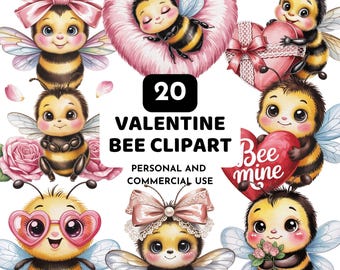 Valentine Bee Clipart Bundle, Watercolor Bee Clipart, Valentine Stickers PNG, Love Bees, Hearts, Gifts & Romantic Watercolor Illustrations
