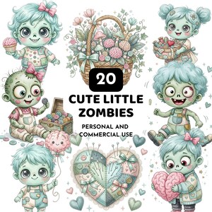 May include: A digital collection of 20 cute little zombies featuring characters with mint green skin, stitched details, and pink bows. Includes a basket of flowers and brains, a heart-shaped pincushion, and buttons. Text reads 20 CUTE LITTLE ZOMBIES.