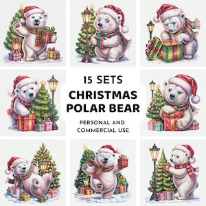 15 Christmas Polar Bear Clipart Bundle, Holiday Bear JPG Set, Winter Animals Clip Art, Polar Bear Clipart Set, Santa Bear Clipart