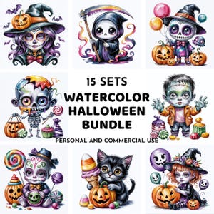 Niedliches Halloween Kids Clipart JPG, Tag der Toten, Zombie, Sensenmann, Hexe & Candy Charaktere, gruseliges Halloween Sublimation, Junk Journal