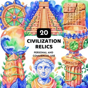 May include: A watercolour illustration showcasing diverse civilization relics. The image includes a compass rose, a pyramid, a stone tablet with hieroglyphs, a chalice, a crystal ball with a wave, a statue, and a column. Text reads "20 CIVILIZATION RELICS".