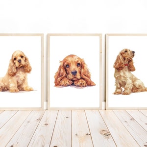 Könnte beinhalten: Drei gerahmte Aquarellbilder von Cocker-Spaniel-Welpen. Jedes Bild zeigt eine andere Welpenpose. Die Welpen sind alle hellbraun mit weißen Markierungen.