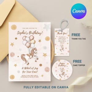 Convite de aniversário de carrossel, convite de aniversário de pônei, convite de festa de aniversário de balões, aniversário de balão pastel, cartão de aniversário de cavalo