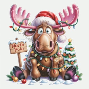 10 Christmas Moose Clipart Bundle, Cute Holiday Moose JPG, Christmas Animal Clipart, Quirky Moose Clip Art, Winter Animal Illustration