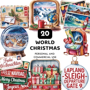 Könnte beinhalten: Eine Sammlung weihnachtlicher Illustrationen, darunter eine Schneekugel, Postkarten, ein Koffer mit Geschenken und ein Globus. Der Text lautet "20 WORLD CHRISTMAS" und "PERSONAL AND COMMERCIAL USE". Es gibt auch Weihnachtsgrüße in mehreren Sprachen.