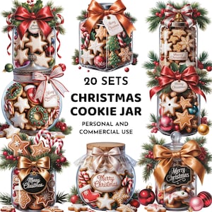 Op de afbeelding: Een verzameling glazen potten gevuld met kerstkoekjes, versierd met feestelijke strikken en groen. De potten bevatten ster-, boom- en peperkoekmannetjes, samen met zuurstokken en ornamenten. Tekst: "20 SETS CHRISTMAS COOKIE JAR".