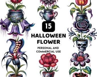 Halloween Gothic Floral Clipart Bundle, Watercolor Haunted Flowers, Creepy Botanicals, Carnivorous Plants & Spooky Garden PNG