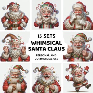 15 Christmas Santa Clipart Bundle, Cute Santa Claus Holiday Clip Art for Cards, Crafts, Sublimation & Printables, Commercial License