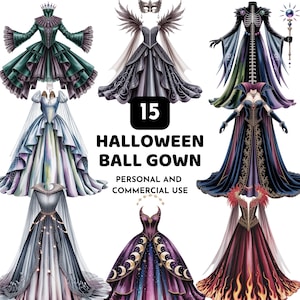 Halloween Ball Gown Clipart Bundle, Gothic Princess Dresses PNG, Gothic Halloween Dress Clipart, Dark Fantasy Gown Graphics, Commercial Use