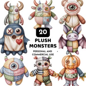 Op de afbeelding: Een verzameling van 20 pluche monsters in verschillende ontwerpen. Elk monster is gemaakt van patchwork stof in meerdere kleuren en patronen. De afbeelding bevat een vleermuis, beer, pompoen en andere monsterkarakters. De tekst op de afbeelding luidt "20 Plush Monsters" en "Personal and Commercial Use."