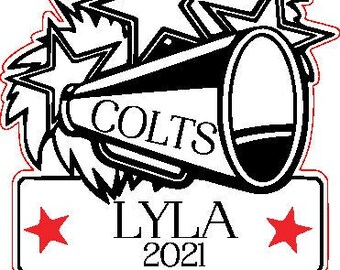 May include: Black and white illustration of a megaphone with the word "COLTS" on it. Two stars are on either side of the megaphone. Below the megaphone is a white banner with the text "LYLA 2021" and two red stars on either side.