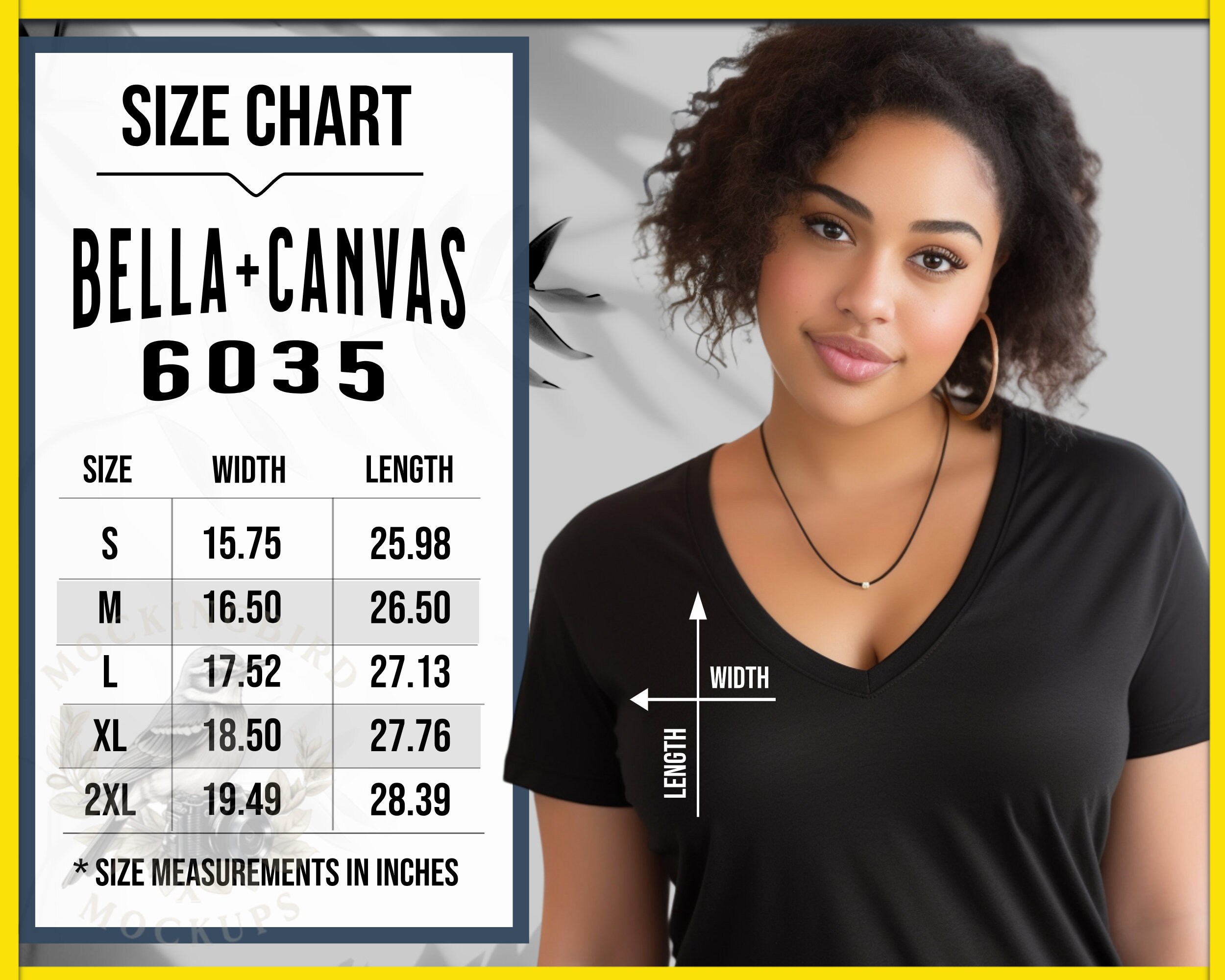 Bella Canvas 6035 Size Chart for Women's Jersey Short Sleeve Deep V