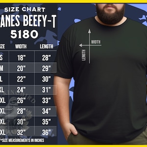 Hanes Beefy-T 5180 Size Chart, Hanes 5180 T-shirt Size Guide, Hanes 5180  Black Mockup and Size Table