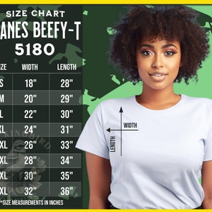 Hanes Beefy-T 5180 Size Chart, Hanes 5180 T-shirt Size Guide, Hanes 5180  Black Mockup and Size Table