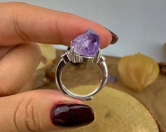 Open Size Raw Amethyst Crystal Ring • Adjustable Statement Crystal Ring • Natural Healing Crystal Lavender Ring for Her