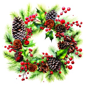 Christmas Wreath Watercolor Paintings for Instant Download for print-on-demand + craft projects - 12 High-Quality JPGs of Christmas clip art