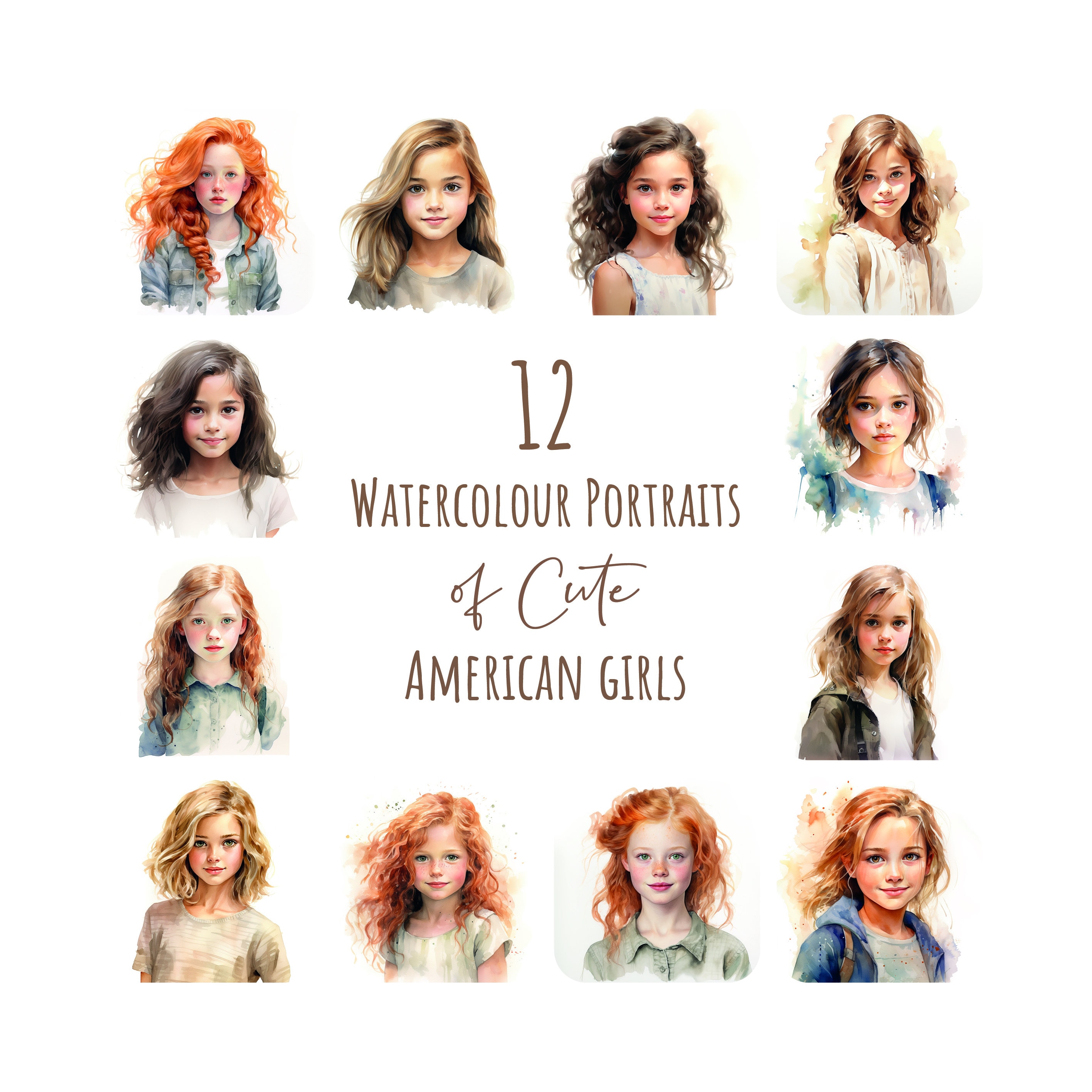 Watercolor Clipart of Cute American Girls, Ai Art Print, Instant ...
