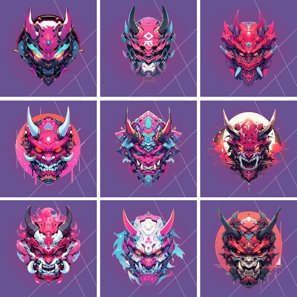 9 Oni Mask Design,Logo style,anime style, colorful, tee, tshirt,hoodies, sticker, instant download, PNG, high resolution