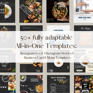 Plus de 50 modèles Instagram pour restaurants - Modèles Canva. Menu personnalisable et carte de visite inclus. Style sombre et moderne pour les médias sociaux.