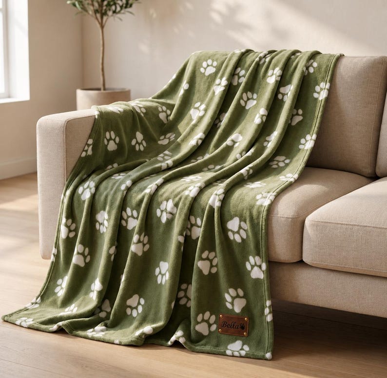 May include: An olive green fleece blanket featuring a repeating pattern of white paw prints. The blanket is draped over a sofa and includes a small, rectangular brown leather-like patch in the bottom corner with the name Bella embossed on it.