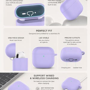 K&ouml;nnte beinhalten: Eine hellviolette Schutzh&uuml;lle aus Silikon f&uuml;r kabellose Ohrh&ouml;rer. Die H&uuml;lle verf&uuml;gt &uuml;ber ein einteiliges Design, eine rutschfeste Innenbeschichtung, pr&auml;zise Aussparungen f&uuml;r Ladeanschluss und Lautsprecher sowie eine sichtbare LED-Anzeige.