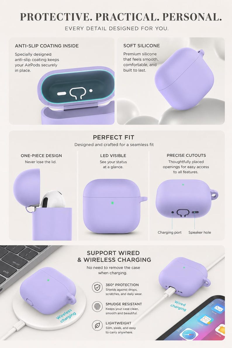 K&ouml;nnte beinhalten: Eine hellviolette Schutzh&uuml;lle aus Silikon f&uuml;r kabellose Ohrh&ouml;rer. Die H&uuml;lle verf&uuml;gt &uuml;ber ein einteiliges Design, eine rutschfeste Innenbeschichtung, pr&auml;zise Aussparungen f&uuml;r Ladeanschluss und Lautsprecher sowie eine sichtbare LED-Anzeige.