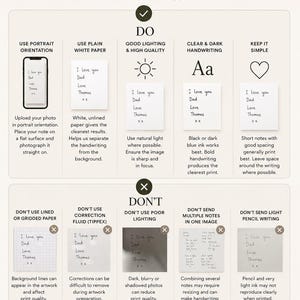 Może przedstawiać: Infografika zatytułowana How to Upload z wytycznymi dotyczącymi przesyłania odręcznych notatek. Zawiera sekcję DO z pięcioma wskaz&oacute;wkami oraz sekcję DON'T z pięcioma wskaz&oacute;wkami, wykorzystując ikony i tekst do wyjaśnienia jakości zdjęć i papieru.