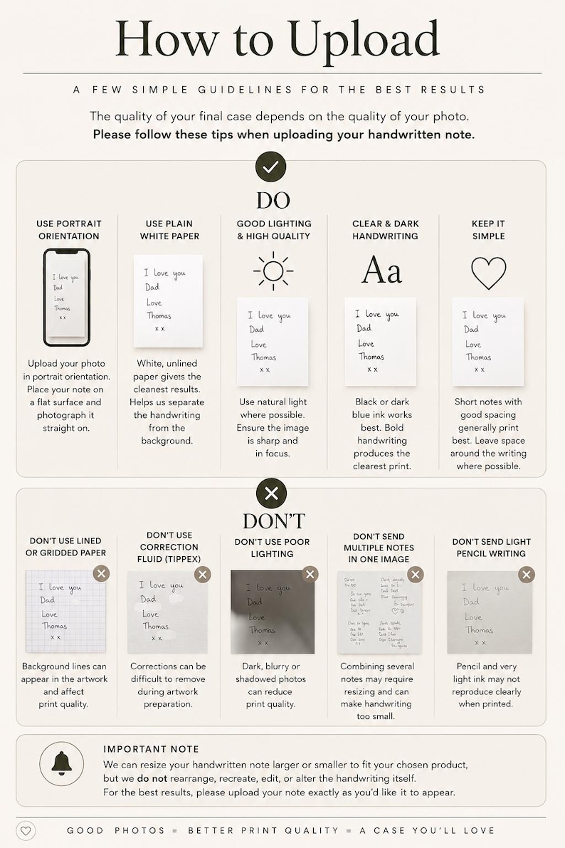 Może przedstawiać: Infografika zatytułowana How to Upload z wytycznymi dotyczącymi przesyłania odręcznych notatek. Zawiera sekcję DO z pięcioma wskaz&oacute;wkami oraz sekcję DON'T z pięcioma wskaz&oacute;wkami, wykorzystując ikony i tekst do wyjaśnienia jakości zdjęć i papieru.
