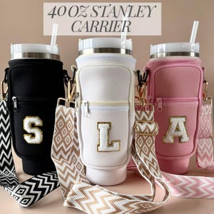 Personalised Stanley Cup Carrier with Strap Neoprene Water Bottle Sling Hands Free Tumbler Bag for Busy Mum Gift for Her