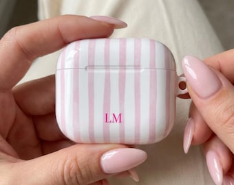 Aangepaste AirPod-hoesje monogram oordopjes hoes schattig streepontwerp aangepaste naam Apple AirPod 4-houder Girly Tech accessoire trendy telefoontasbedel