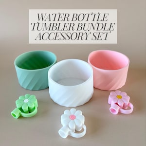 May include: A water bottle and tumbler accessory set. The set includes three silicone sleeves in mint green, white, and pink, along with two flower-shaped bottle toppers in green and white with pink and yellow accents. Text on the image reads: WATER BOTTLE TUMBLER BUNDLE ACCESSORY SET.