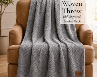 Personalised Chunky Knit Throw Blanket Engraved Leather Patch Grey Cosy Blanket Birthday Gift for Grandma From Grandchildren