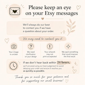 Może przedstawiać: Grafika informacyjna z beżowym tłem i ciemnym tekstem: Please keep an eye on your Etsy messages. Wymienia powody kontaktu: niejasny obraz, wyjaśnienie projektu, problemy z drukiem lub ulepszenia. Zawiera politykę odpowiedzi w ciągu 24 godzin.