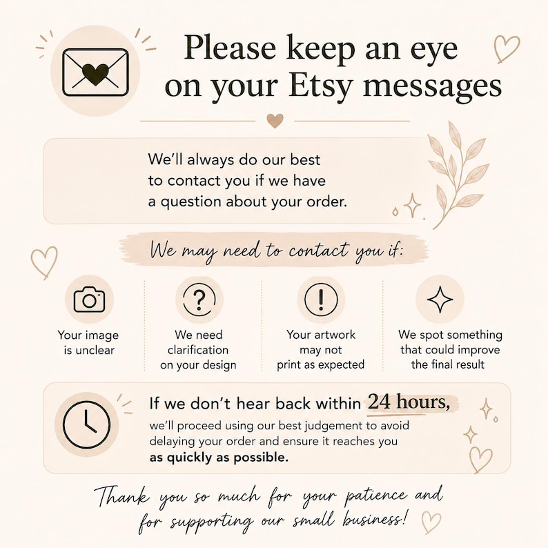 Może przedstawiać: Grafika informacyjna z beżowym tłem i ciemnym tekstem: Please keep an eye on your Etsy messages. Wymienia powody kontaktu: niejasny obraz, wyjaśnienie projektu, problemy z drukiem lub ulepszenia. Zawiera politykę odpowiedzi w ciągu 24 godzin.