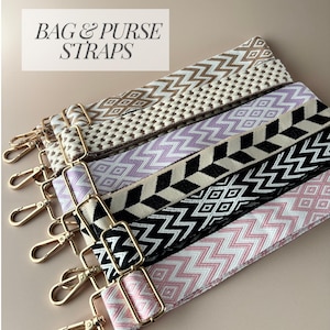 May include: An assortment of patterned bag and purse straps in shades of brown, lilac, black, and pink. Each strap has a distinct geometric pattern and gold-coloured metal fixings. The text "BAG & PURSE STRAPS" is visible at the top of the image.