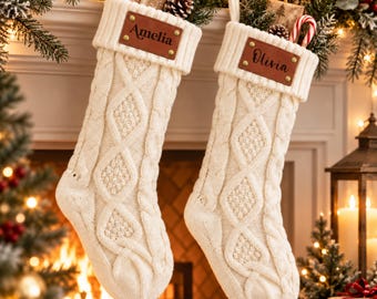 Personalised Christmas Stocking Custom Name Stocking Engraved Leather Patch Family Xmas Stocking Christmas Gift for Kids & Adults