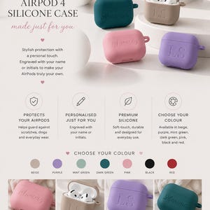 K&ouml;nnte beinhalten: Eine Kollektion von Silikonh&uuml;llen f&uuml;r AirPods 4, erh&auml;ltlich in Beige, Lila, Mintgr&uuml;n, Dunkelgr&uuml;n, Pink, Schwarz und Rot. Jede H&uuml;lle hat eine glatte Oberfl&auml;che und kann mit eingravierten Namen oder Initialen auf der Vorderseite personalisiert werden.