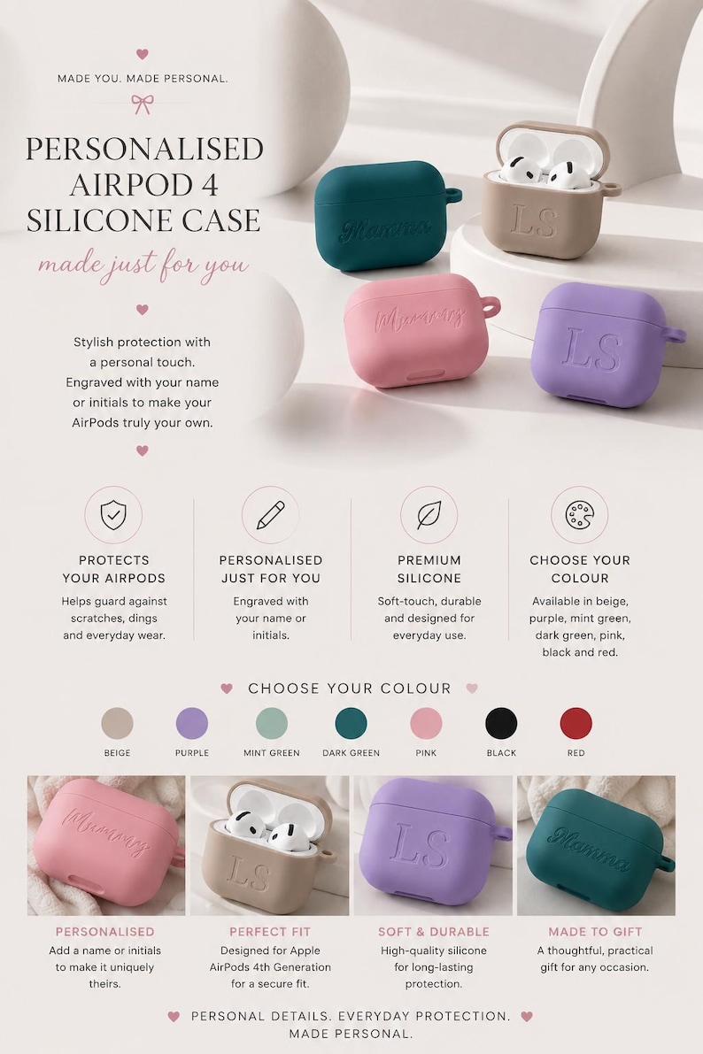 K&ouml;nnte beinhalten: Eine Kollektion von Silikonh&uuml;llen f&uuml;r AirPods 4, erh&auml;ltlich in Beige, Lila, Mintgr&uuml;n, Dunkelgr&uuml;n, Pink, Schwarz und Rot. Jede H&uuml;lle hat eine glatte Oberfl&auml;che und kann mit eingravierten Namen oder Initialen auf der Vorderseite personalisiert werden.