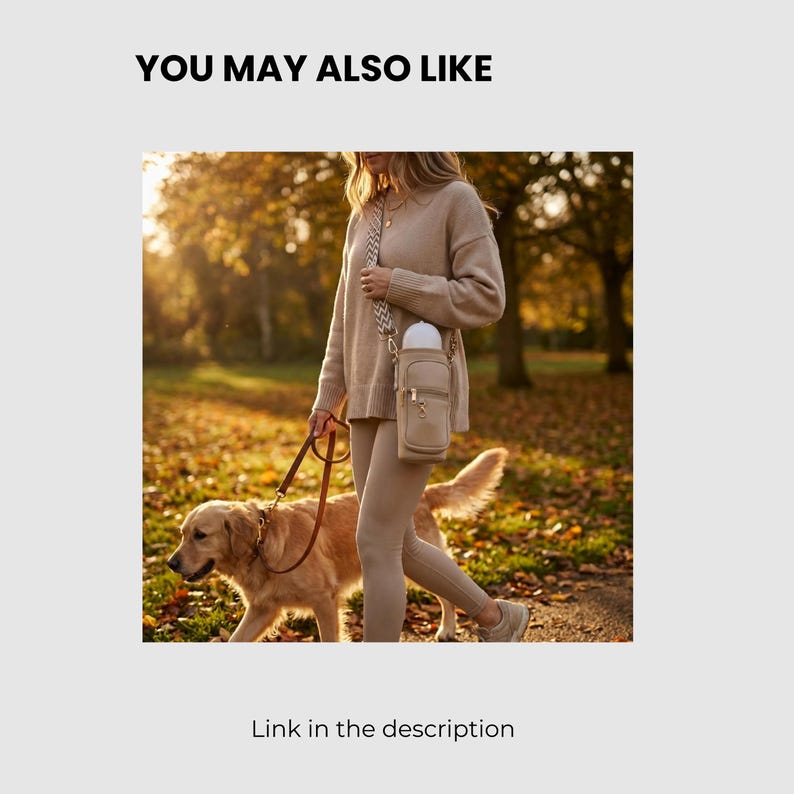 May include: A beige crossbody water bottle holder bag with a front zipped pocket and a patterned woven shoulder strap. The bag is designed to carry a white water bottle and features gold-toned hardware, including a zip pull and strap clips.