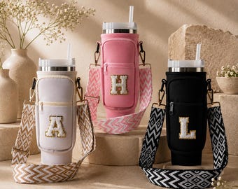 Personalised Tumbler Bag Initial Letter Patch 40oz Water Bottle Crossbody Sling Birthday Gift for Her Tumbler Carrier Teacher Gift