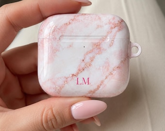 Personalised Marble AirPods 4 Case Custom Initial AirPods Cover Pink Rose Gold Marble Aesthetic Gift for Her Birthday Gift