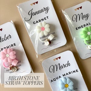 Pode incluir: Uma coleção de toppers de palhinhas com pedras de nascimento, cada um embalado num cartão com o mês, a pedra preciosa e um design floral. Os toppers são em várias cores, incluindo rosa, branco e azul. O texto "BIRTH STONE STRAW TOPPERS" é visível.