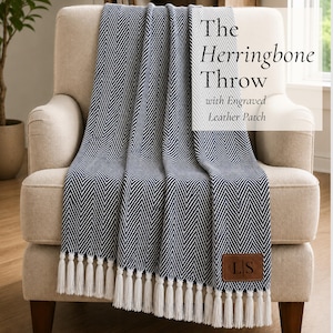 Personalised Herringbone Throw Blanket Engraved Leather Patch Monogram Gift For Couples Wedding Anniversary Retirement New Home