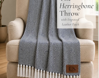 Personalised Herringbone Throw Blanket Engraved Leather Patch Monogram Gift For Couples Wedding Anniversary Retirement New Home