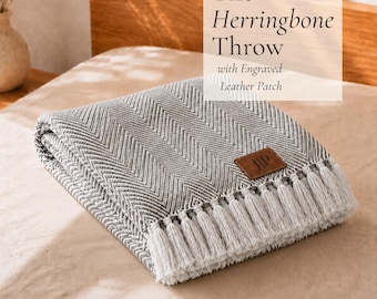 Personalised Woven Throw Blanket Custom Wedding Gift Home Decor Throw Engraved Leather Patch Blanket Monogrammed Throw for Couples